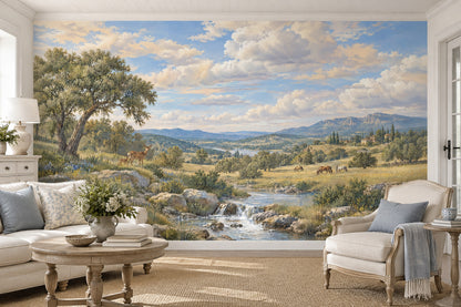 Deer And Stream Pastoral Landscape Wallpaper Mural Blue Sky Traditional