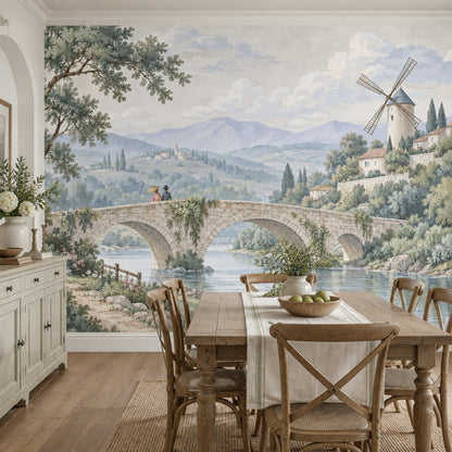Stone Bridge And Windmill Wallpaper Mural, Pastel Watercolor Countryside