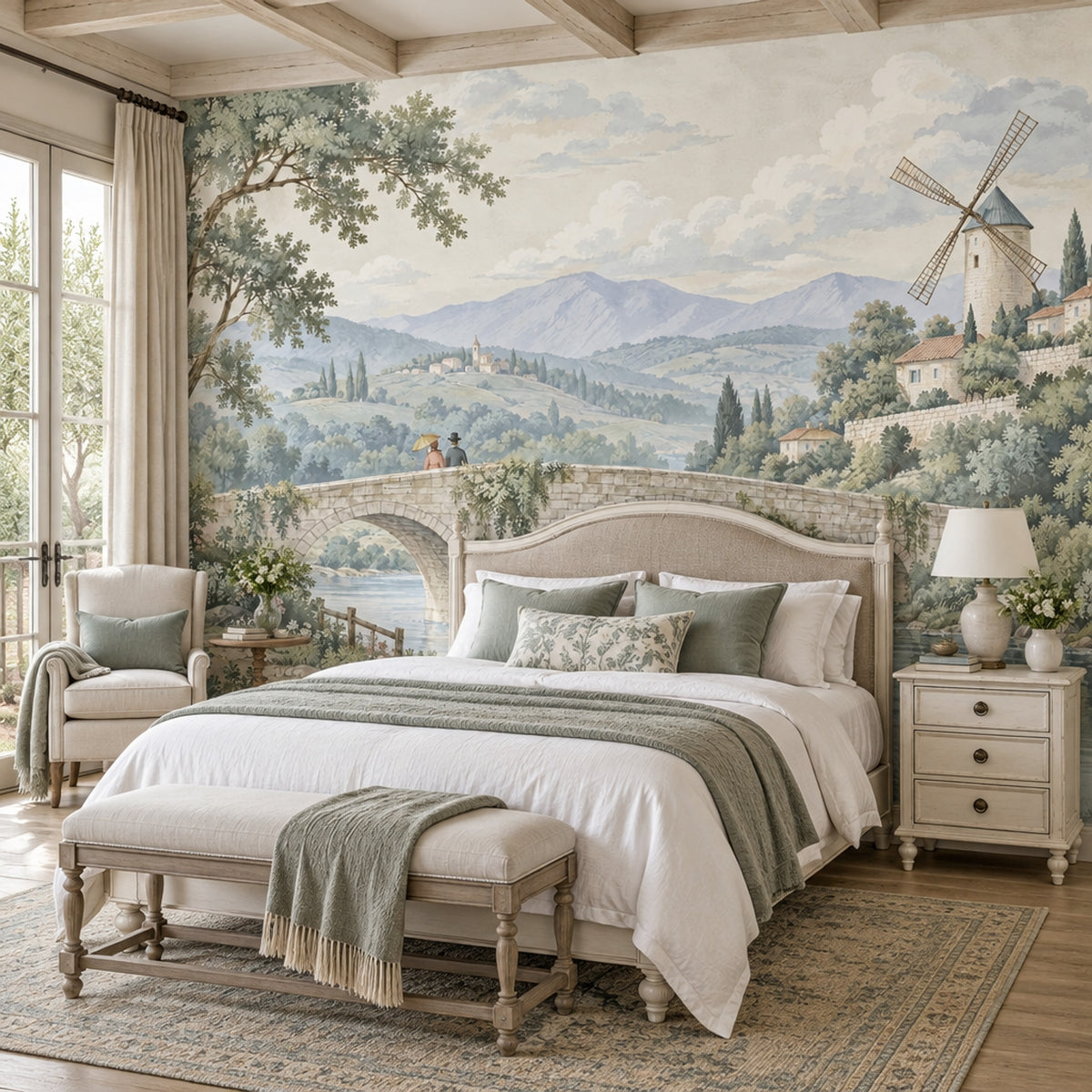 Stone Bridge And Windmill Wallpaper Mural, Pastel Watercolor Countryside