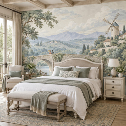 Stone Bridge And Windmill Wallpaper Mural, Pastel Watercolor Countryside
