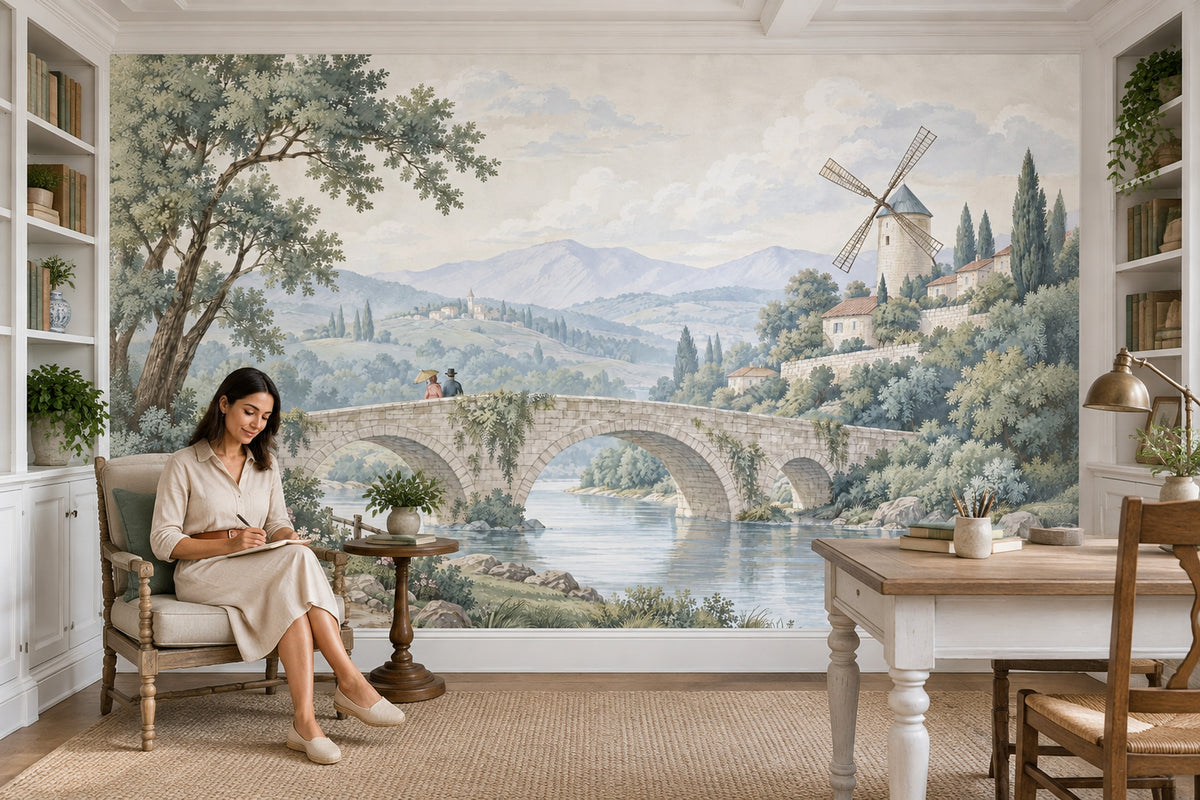 Stone Bridge And Windmill Wallpaper Mural, Pastel Watercolor Countryside