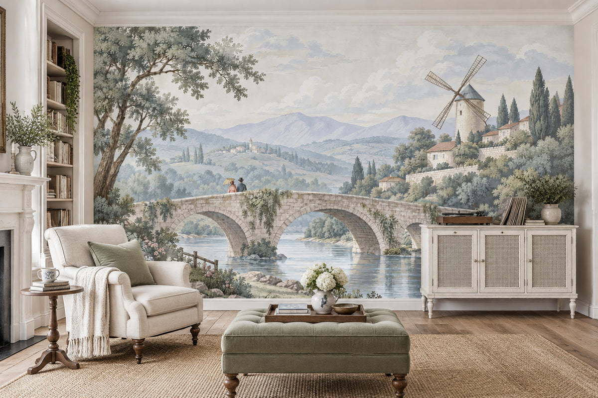 Stone Bridge And Windmill Wallpaper Mural, Pastel Watercolor Countryside
