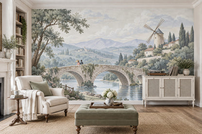 Stone Bridge And Windmill Wallpaper Mural, Pastel Watercolor Countryside