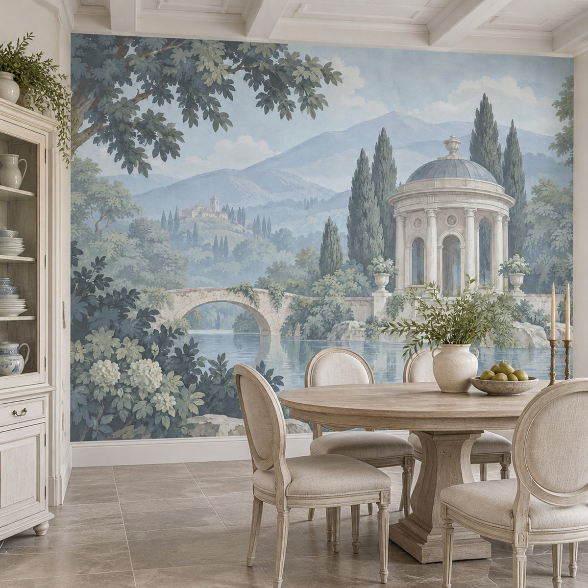 Neoclassical Pavilion Lake Scene Wallpaper Mural, Soft Blue Vintage Inspired Landscape