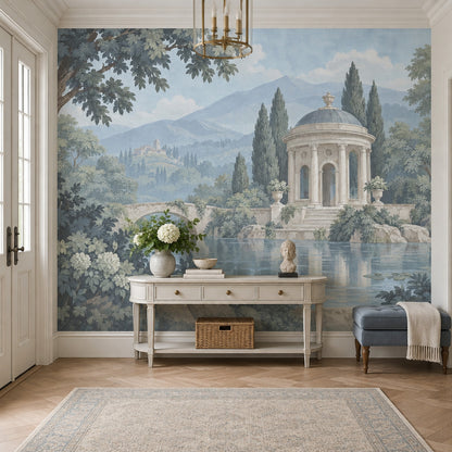 Neoclassical Pavilion Lake Scene Wallpaper Mural, Soft Blue Vintage Inspired Landscape