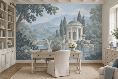 Neoclassical Pavilion Lake Scene Wallpaper Mural, Soft Blue Vintage Inspired Landscape