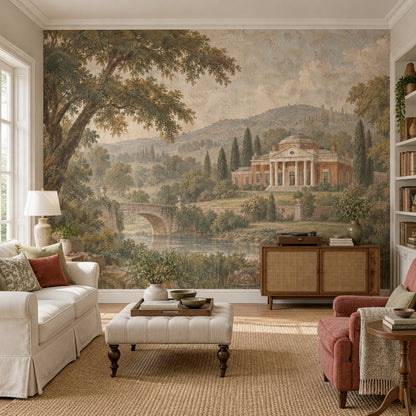 River Bridge And Neoclassical Villa Wallpaper Mural Vintage Inspired Beige Fresco