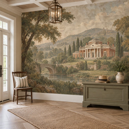 River Bridge And Neoclassical Villa Wallpaper Mural Vintage Inspired Beige Fresco