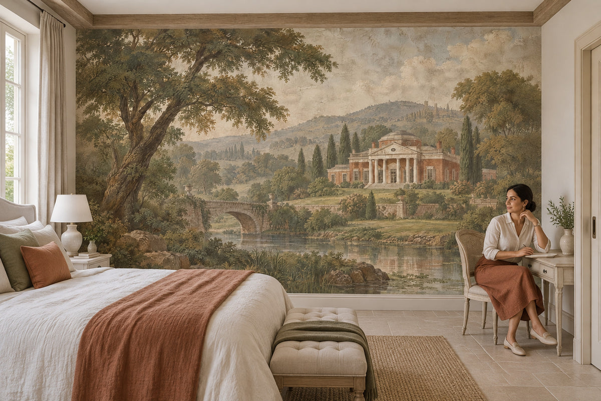River Bridge And Neoclassical Villa Wallpaper Mural Vintage Inspired Beige Fresco
