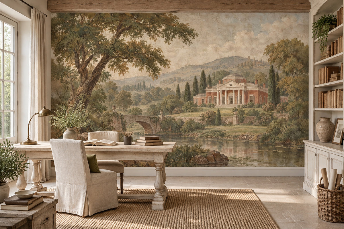 River Bridge And Neoclassical Villa Wallpaper Mural Vintage Inspired Beige Fresco