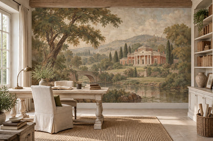 River Bridge And Neoclassical Villa Wallpaper Mural Vintage Inspired Beige Fresco