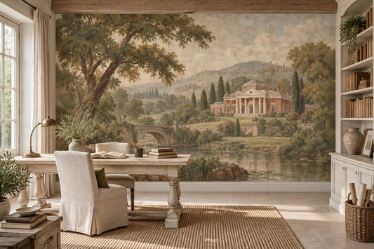 River Bridge And Neoclassical Villa Wallpaper Mural Vintage Inspired Beige Fresco