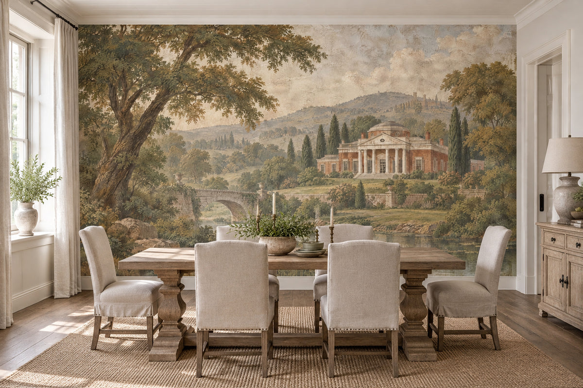 River Bridge And Neoclassical Villa Wallpaper Mural Vintage Inspired Beige Fresco