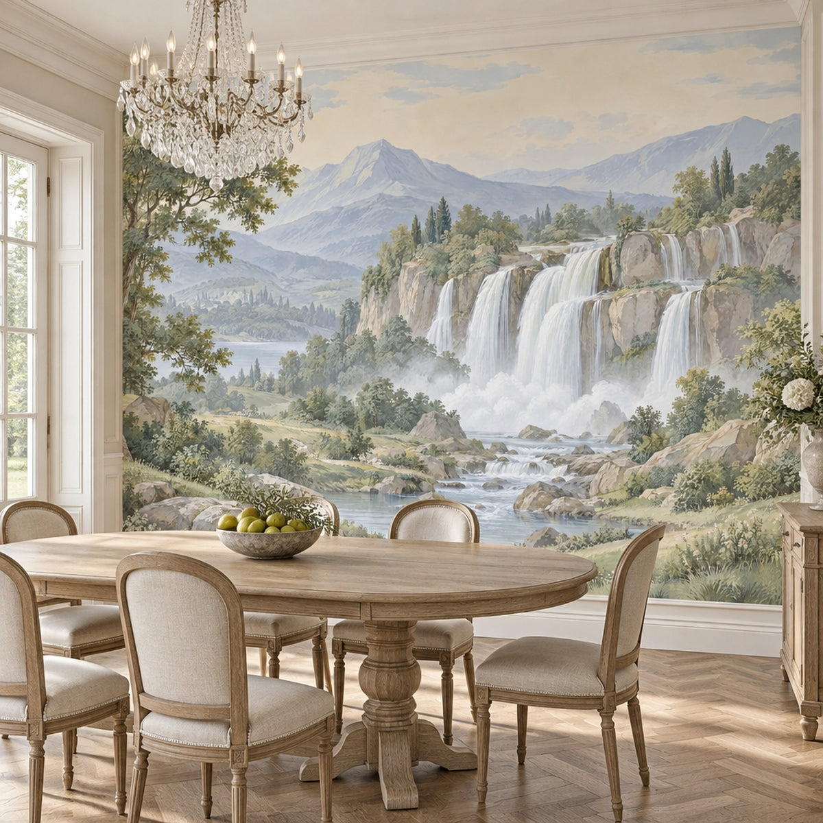 Layered Waterfall Landscape Wallpaper Mural Vintage Inspired Pastel Mountains