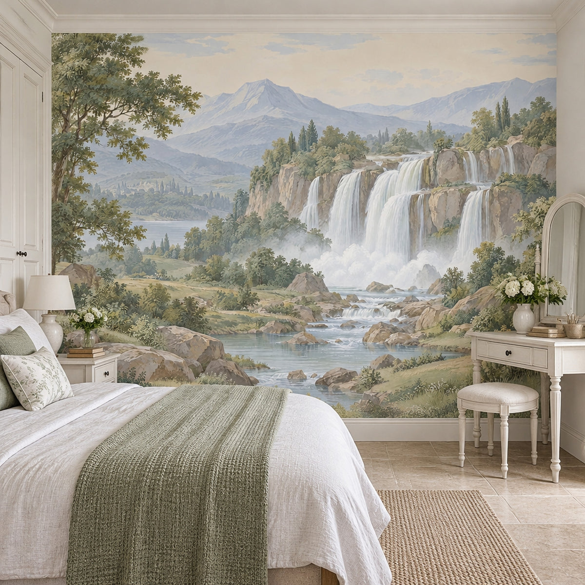 Layered Waterfall Landscape Wallpaper Mural Vintage Inspired Pastel Mountains