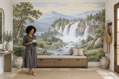 Layered Waterfall Landscape Wallpaper Mural Vintage Inspired Pastel Mountains