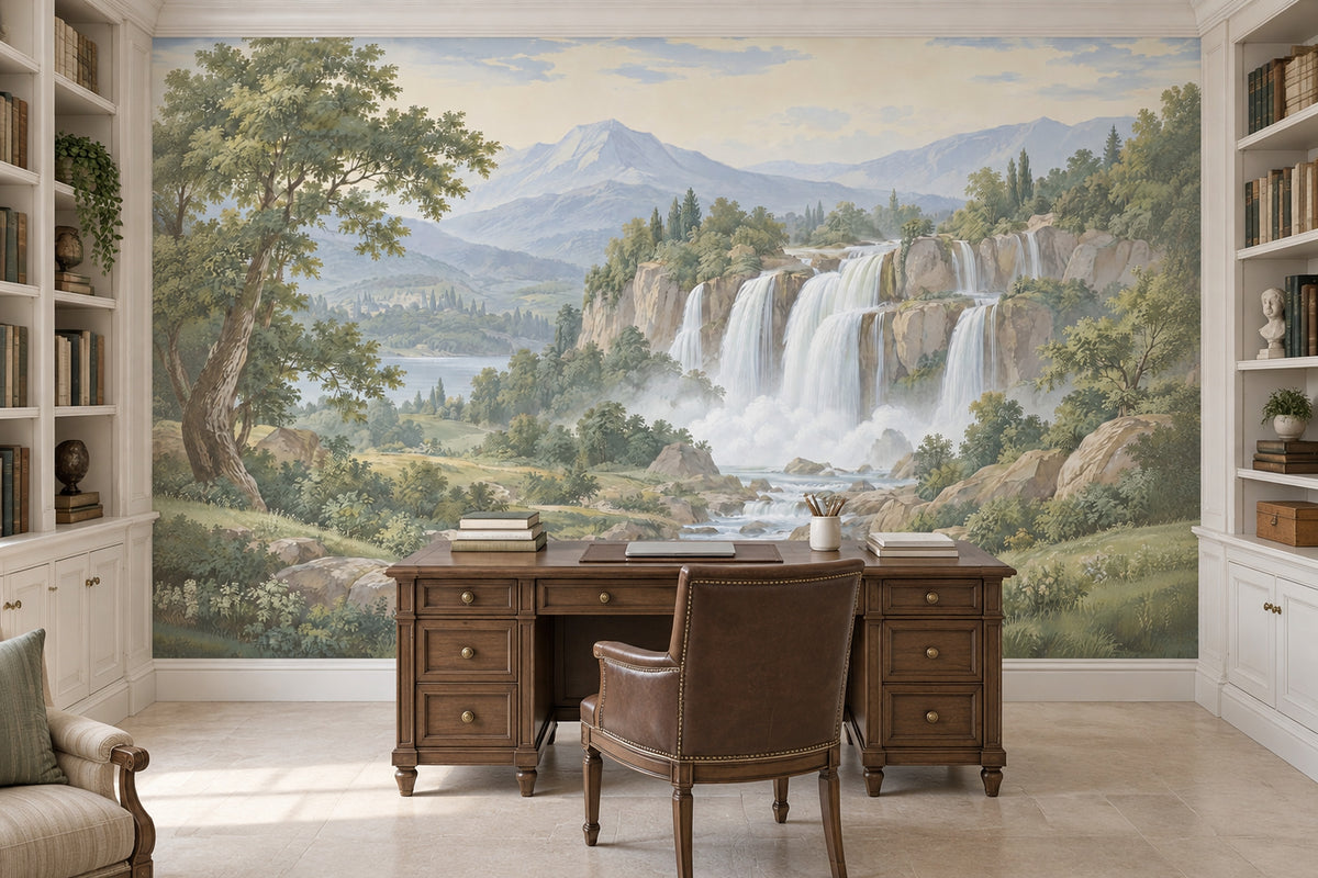 Layered Waterfall Landscape Wallpaper Mural Vintage Inspired Pastel Mountains