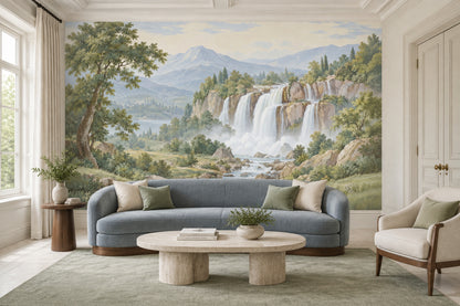 Layered Waterfall Landscape Wallpaper Mural Vintage Inspired Pastel Mountains