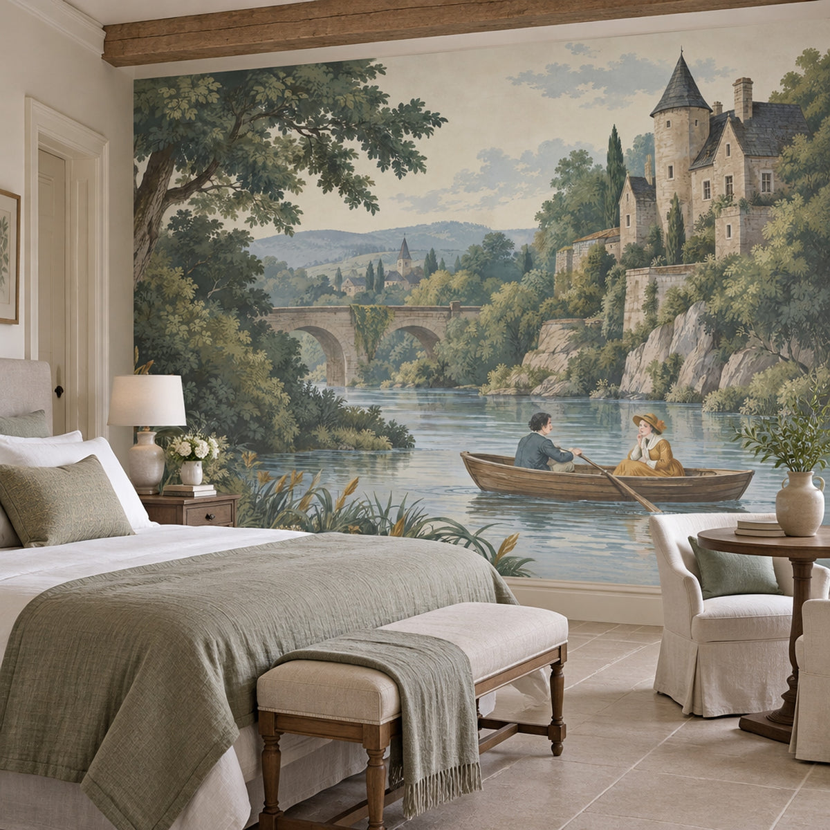 Romantic River Boat Scene Wallpaper Mural Vintage Inspired Pastel Landscape