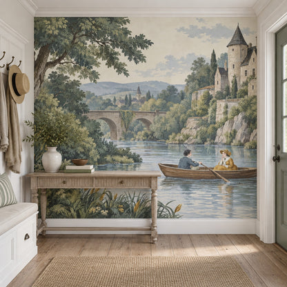 Romantic River Boat Scene Wallpaper Mural Vintage Inspired Pastel Landscape