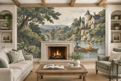 Romantic River Boat Scene Wallpaper Mural Vintage Inspired Pastel Landscape