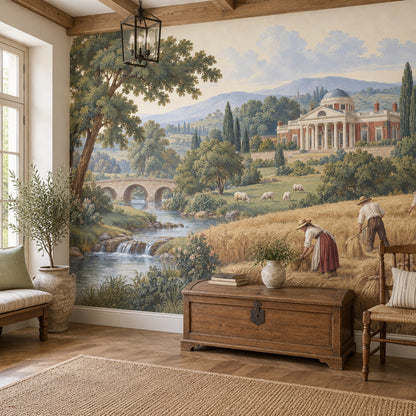 European Manor Countryside Wallpaper Mural Vintage Inspired Pastoral Landscape