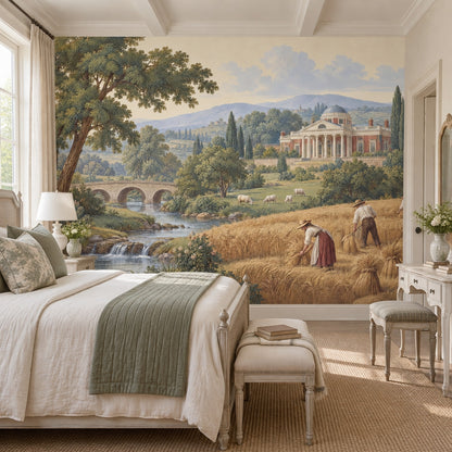 European Manor Countryside Wallpaper Mural Vintage Inspired Pastoral Landscape