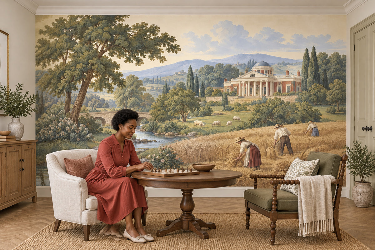 European Manor Countryside Wallpaper Mural Vintage Inspired Pastoral Landscape