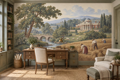 European Manor Countryside Wallpaper Mural Vintage Inspired Pastoral Landscape