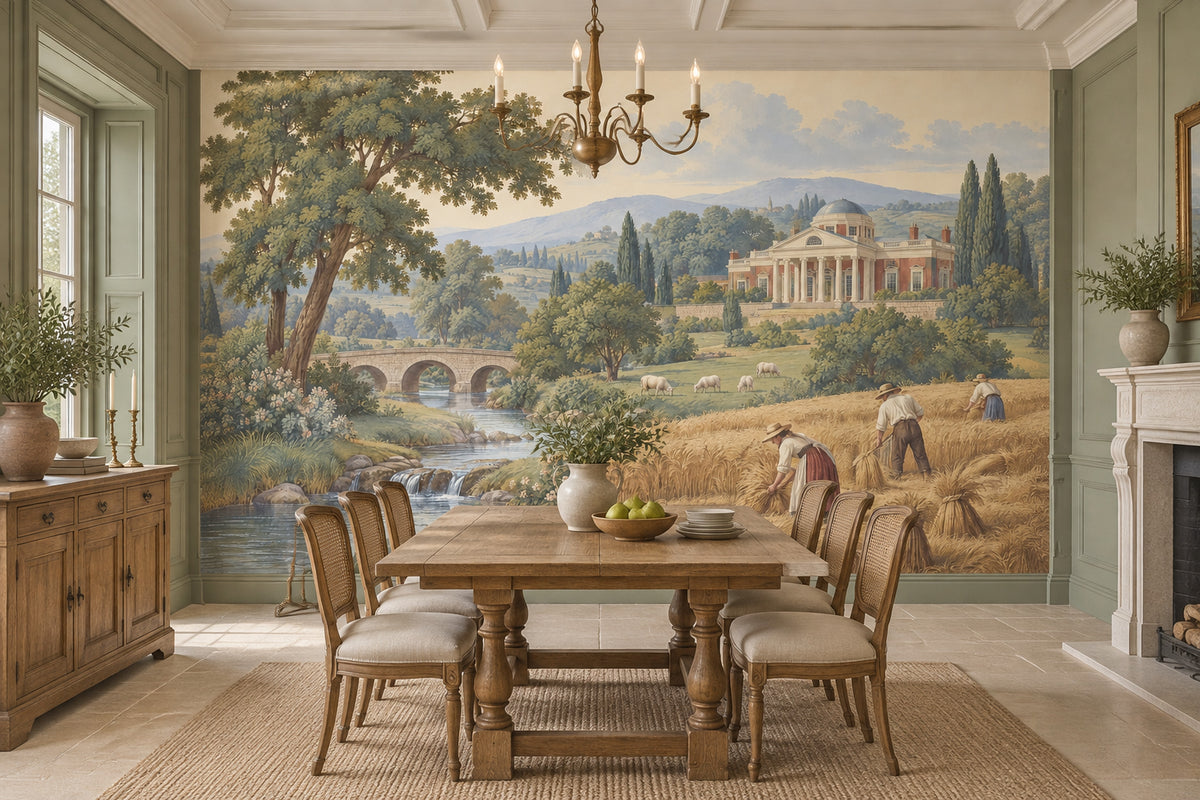 European Manor Countryside Wallpaper Mural Vintage Inspired Pastoral Landscape