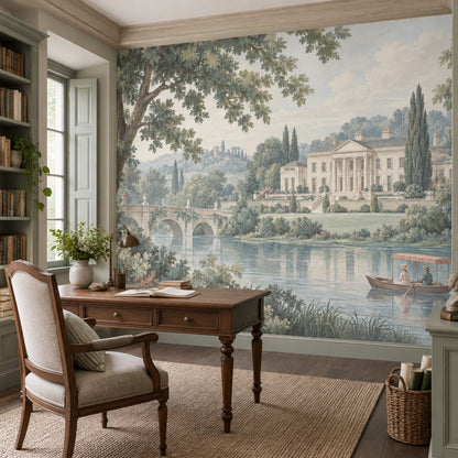 European Manor Lake Wallpaper Mural Vintage Inspired Pastel Scenic Landscape