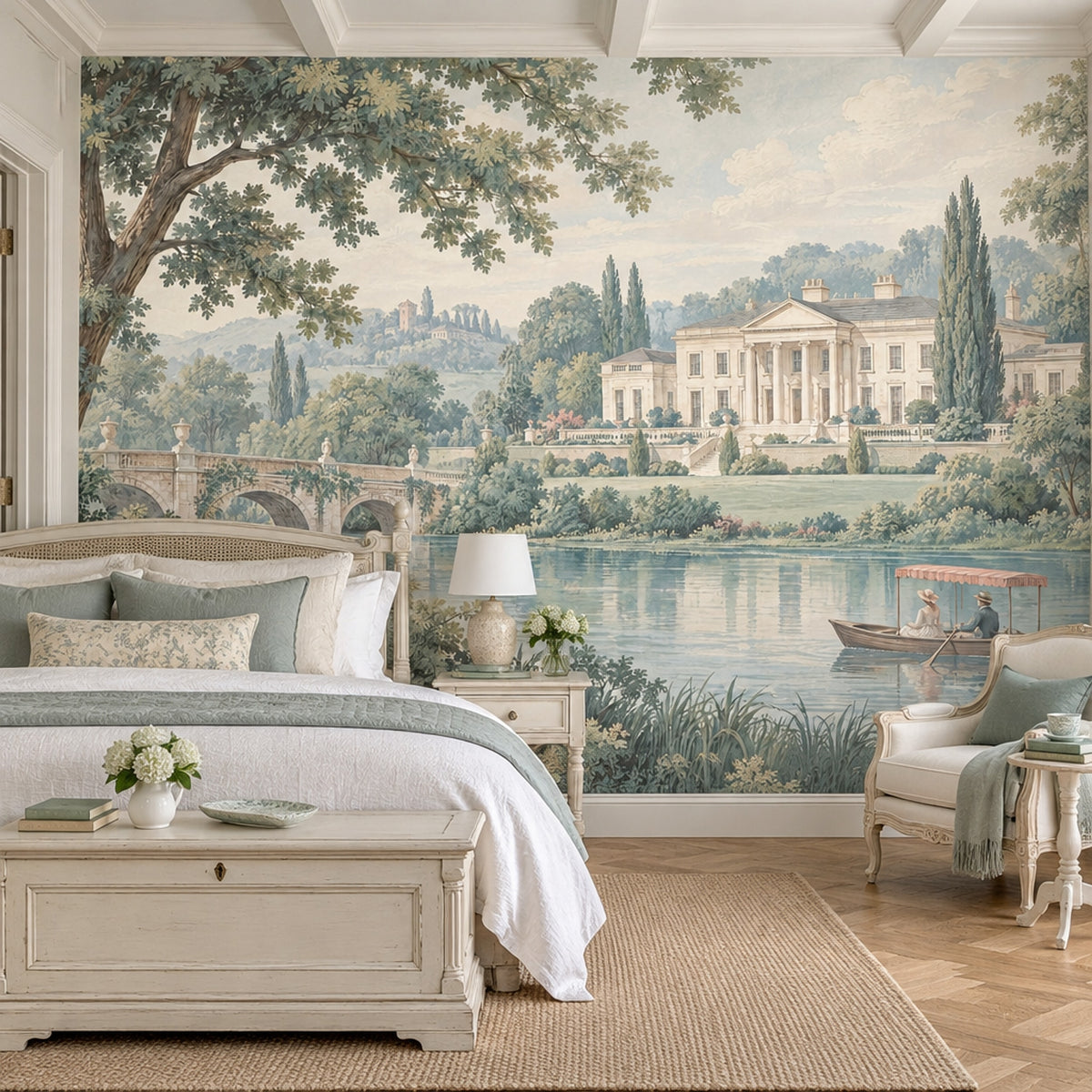 European Manor Lake Wallpaper Mural Vintage Inspired Pastel Scenic Landscape