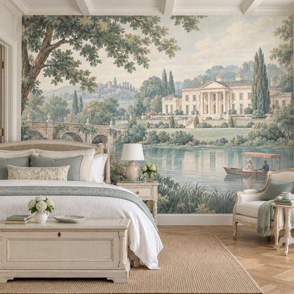 European Manor Lake Wallpaper Mural Vintage Inspired Pastel Scenic Landscape