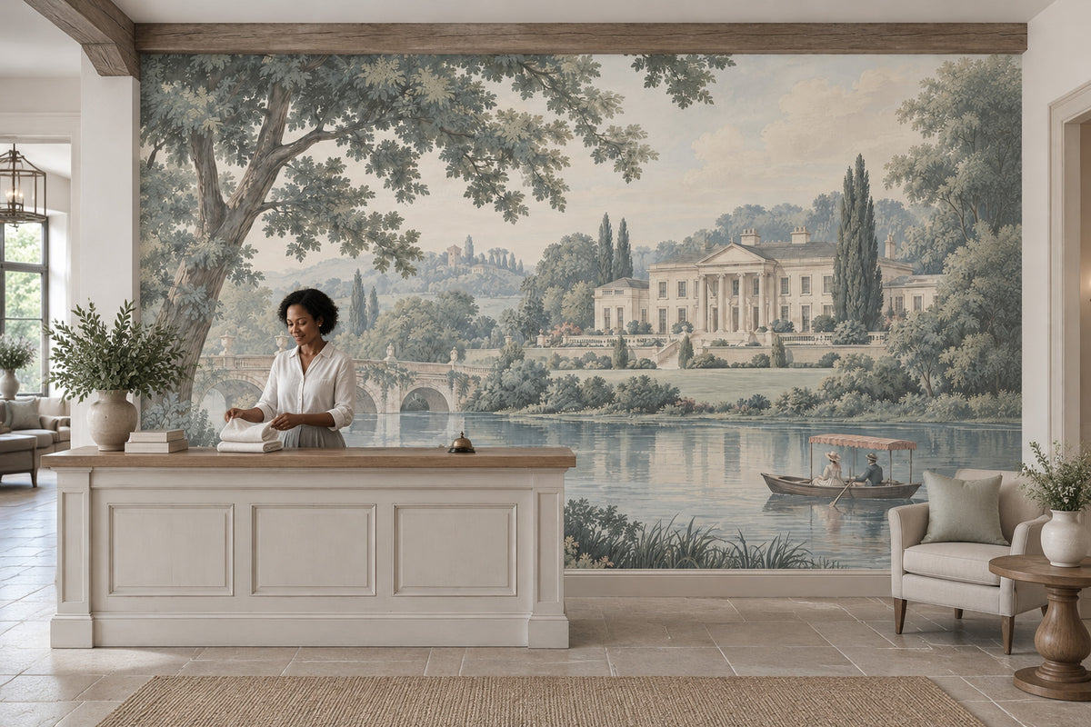 European Manor Lake Wallpaper Mural Vintage Inspired Pastel Scenic Landscape