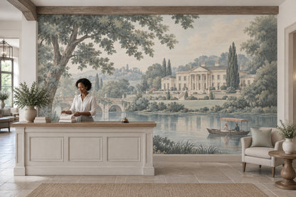 European Manor Lake Wallpaper Mural Vintage Inspired Pastel Scenic Landscape