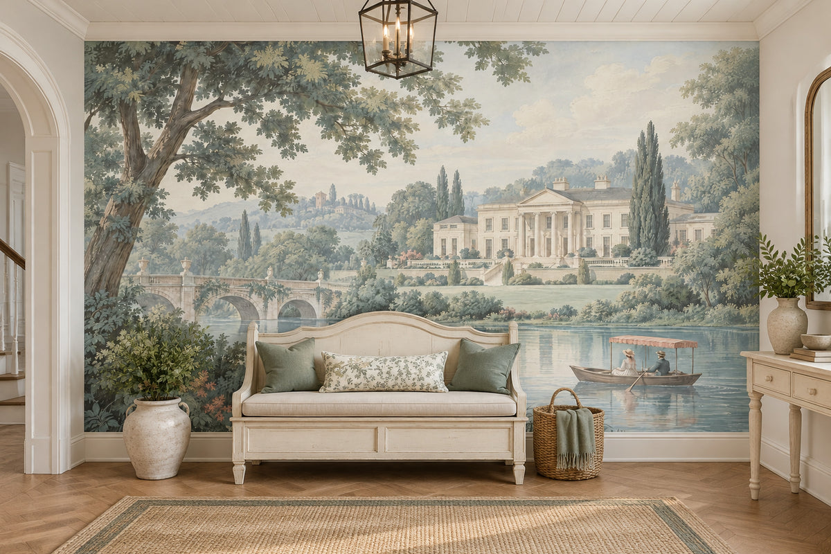 European Manor Lake Wallpaper Mural Vintage Inspired Pastel Scenic Landscape
