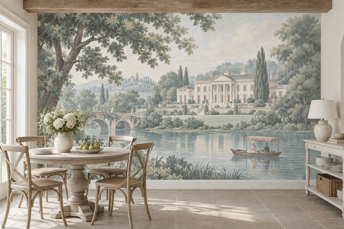 European Manor Lake Wallpaper Mural Vintage Inspired Pastel Scenic Landscape