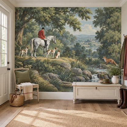 Hunter On White Horse Wallpaper Mural Vintage Inspired Green Scenic Landscape