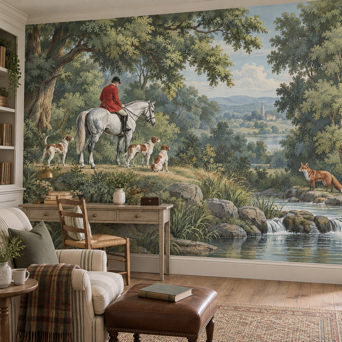 Hunter On White Horse Wallpaper Mural Vintage Inspired Green Scenic Landscape