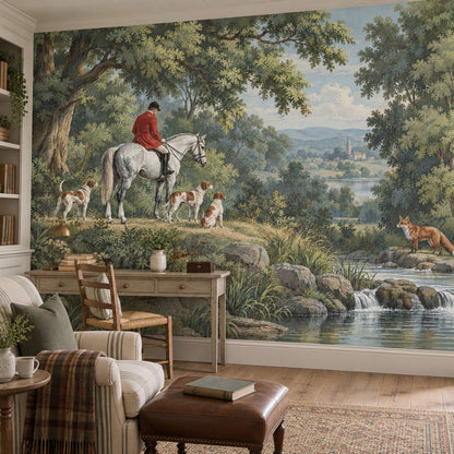 Hunter On White Horse Wallpaper Mural Vintage Inspired Green Scenic Landscape