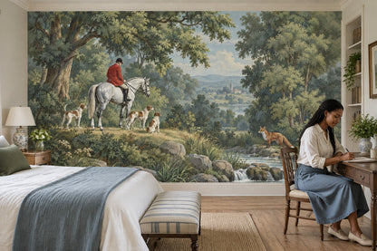 Hunter On White Horse Wallpaper Mural Vintage Inspired Green Scenic Landscape
