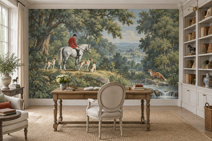 Hunter On White Horse Wallpaper Mural Vintage Inspired Green Scenic Landscape