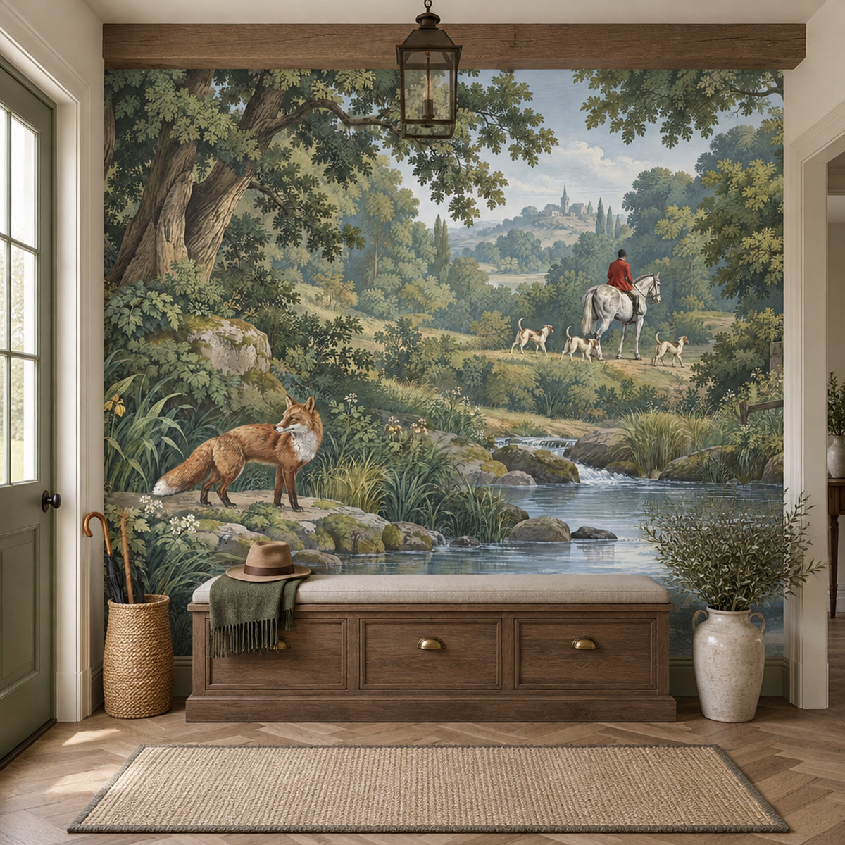 Fox And Horse Rider Wallpaper Mural Vintage Inspired Green Countryside Landscape