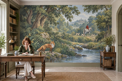 Fox And Horse Rider Wallpaper Mural Vintage Inspired Green Countryside Landscape