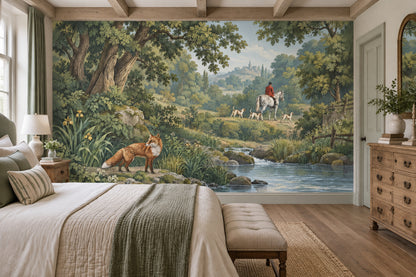 Fox And Horse Rider Wallpaper Mural Vintage Inspired Green Countryside Landscape