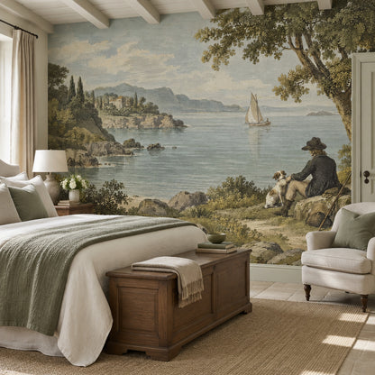 Vintage Inspired Lakeside Sailboat Wallpaper Mural Muted Blue Engraving