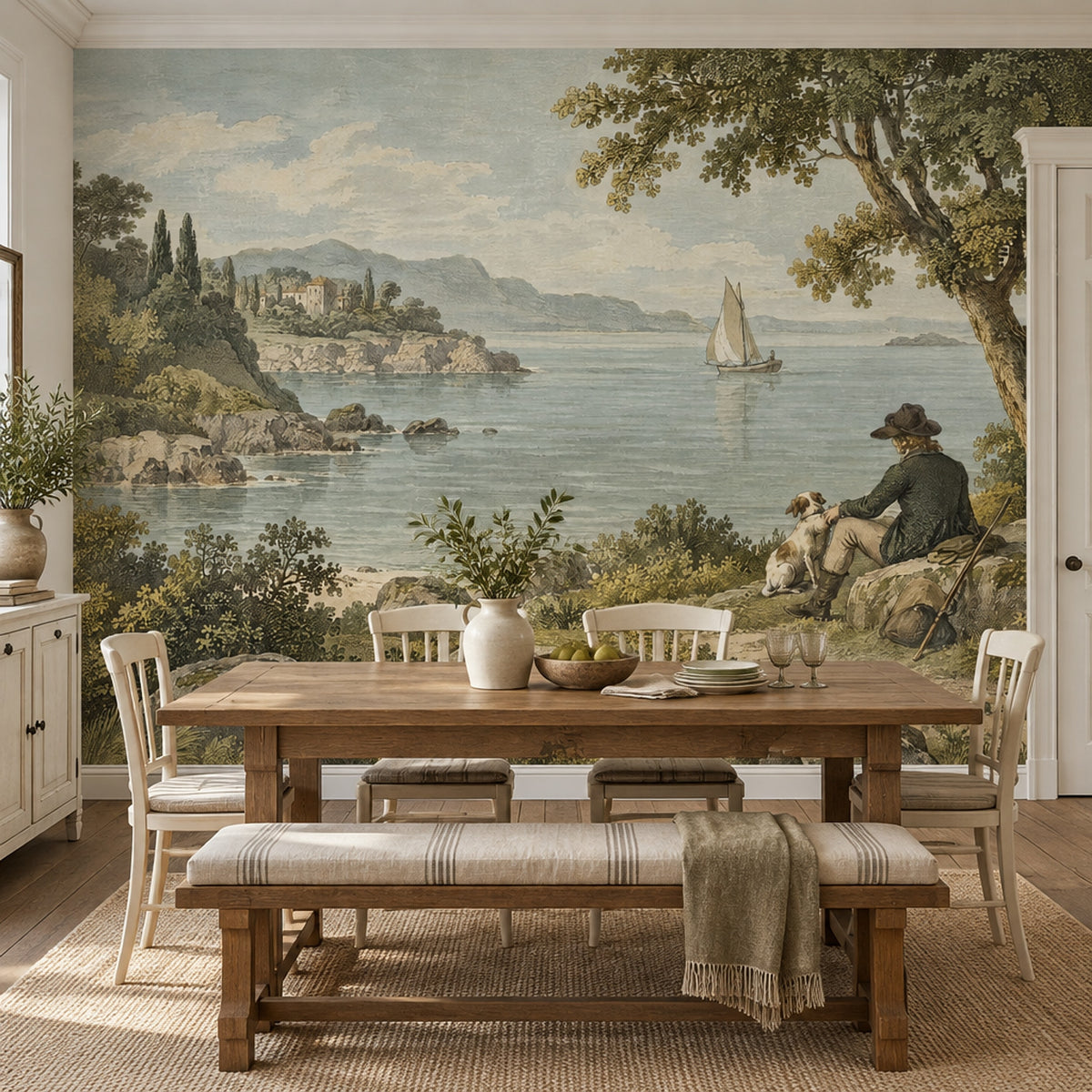Vintage Inspired Lakeside Sailboat Wallpaper Mural Muted Blue Engraving