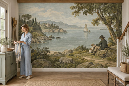 Vintage Inspired Lakeside Sailboat Wallpaper Mural Muted Blue Engraving