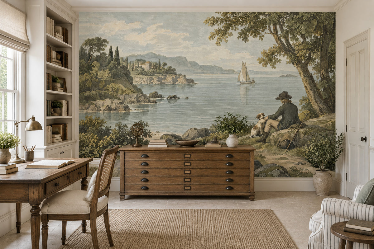 Vintage Inspired Lakeside Sailboat Wallpaper Mural Muted Blue Engraving