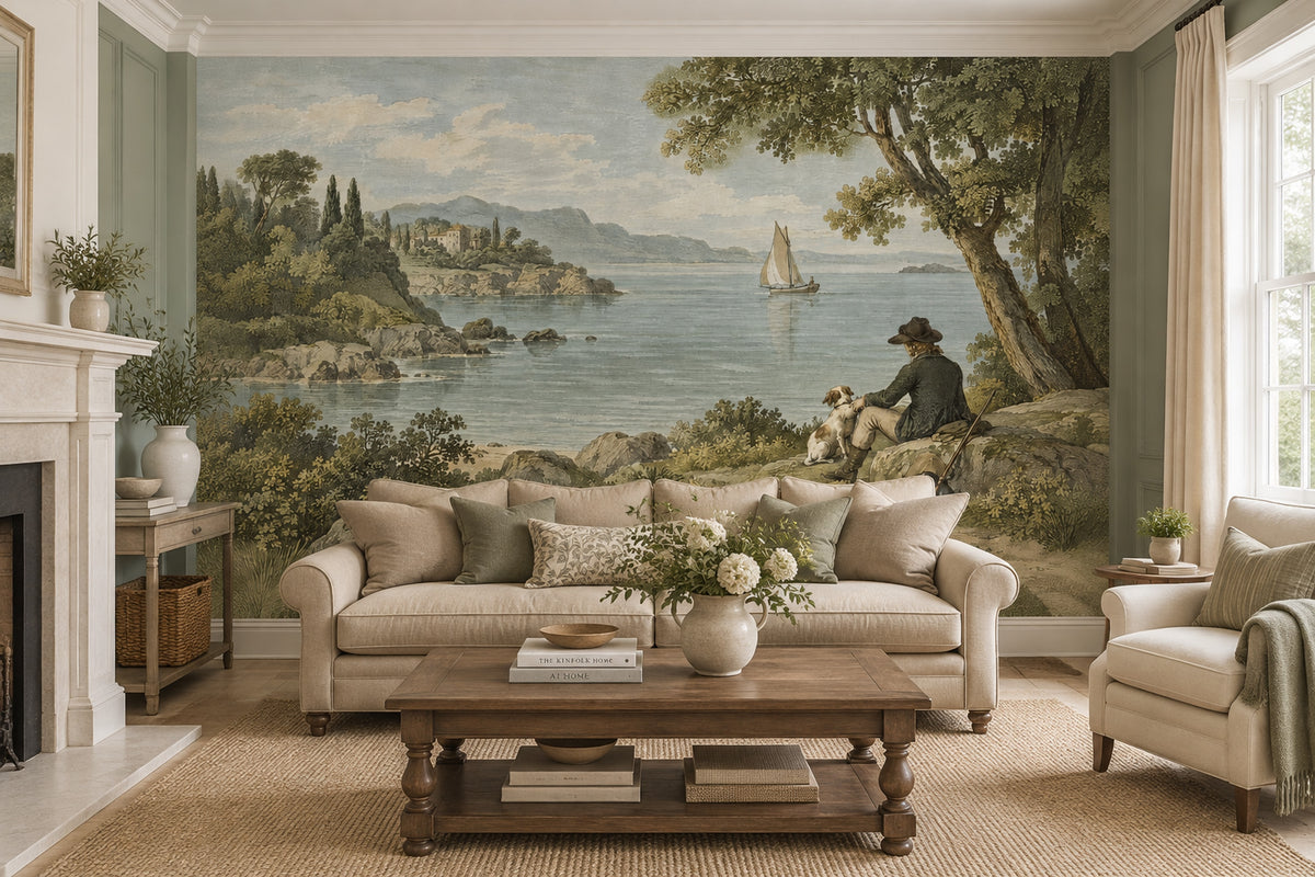 Vintage Inspired Lakeside Sailboat Wallpaper Mural Muted Blue Engraving